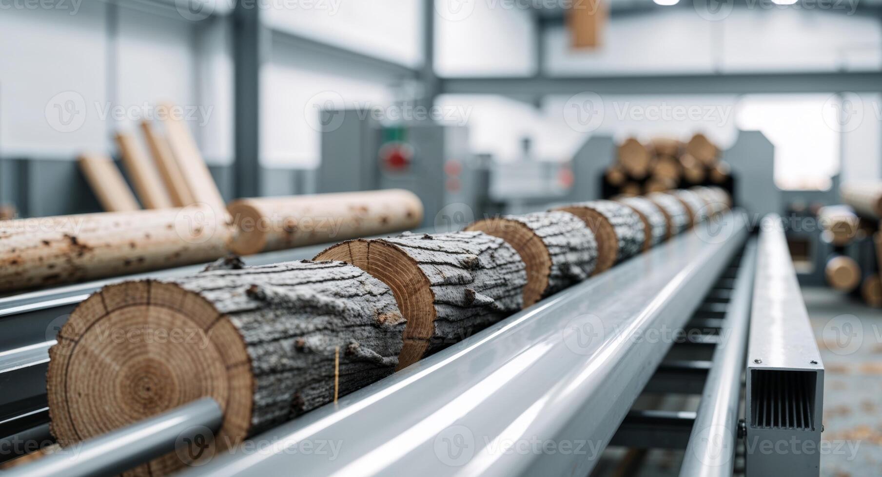 Logs moving along conveyor belt in lumber mill processing wood photo