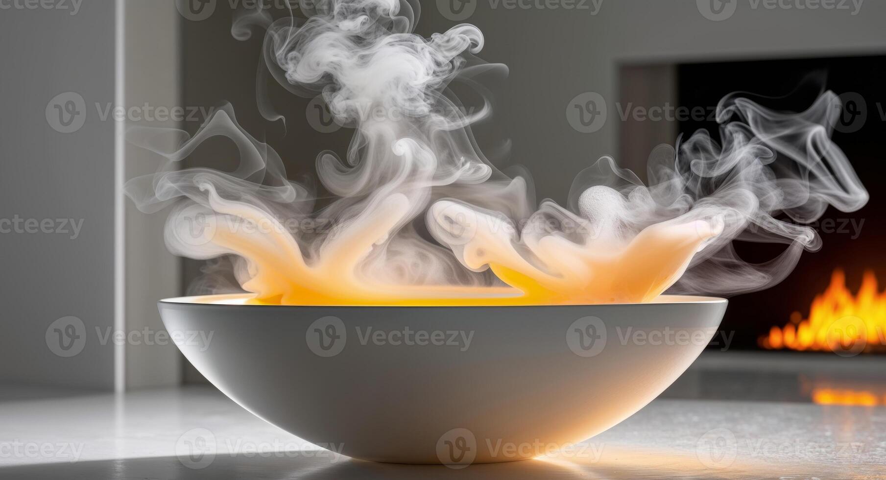 Steam rising from a bowl with flame indoors. photo