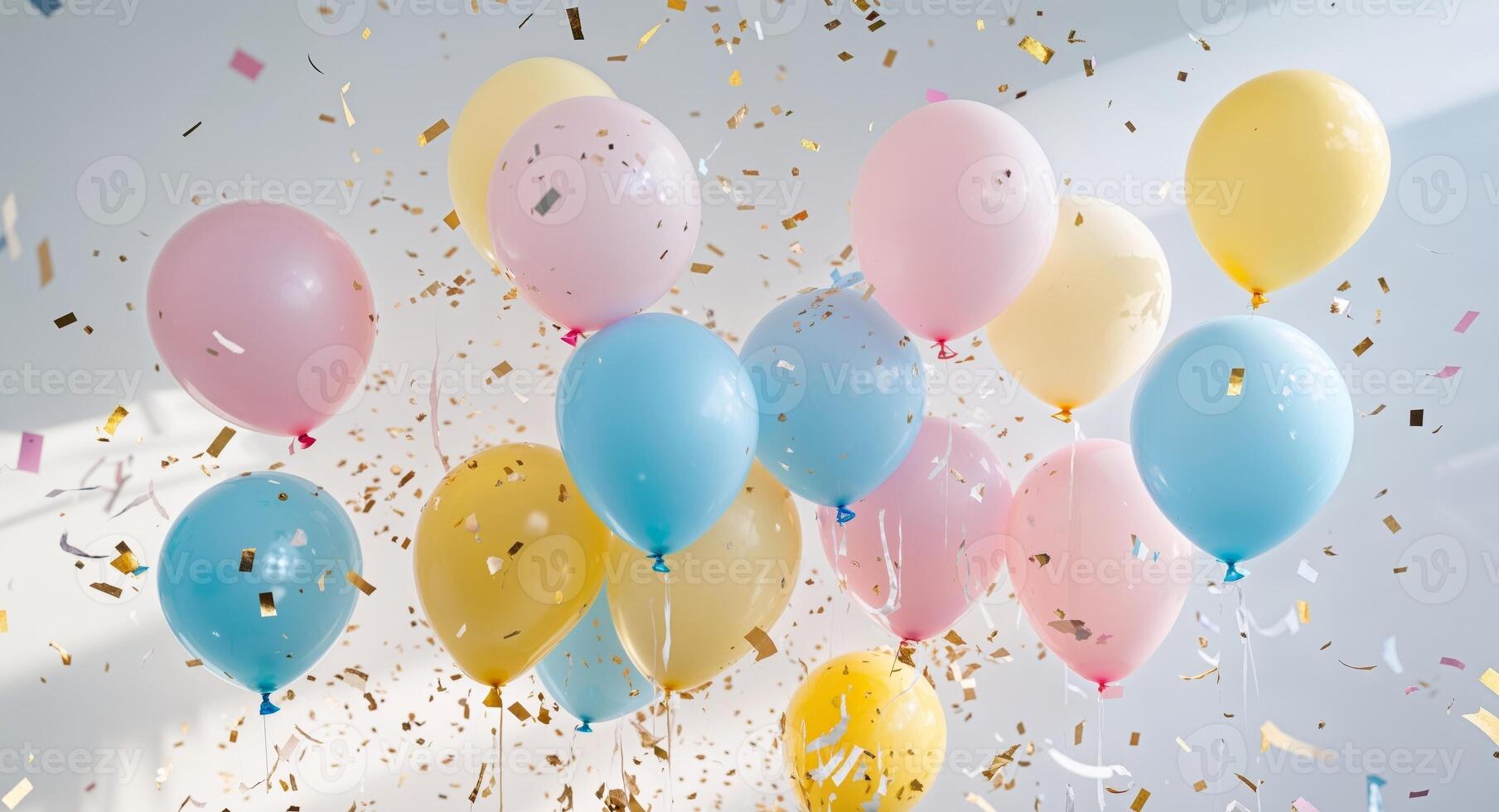 Colorful balloons and confetti create a festive atmosphere for celebration eventsColorful balloons and confetti create a festive atmosphere for celebration events. photo