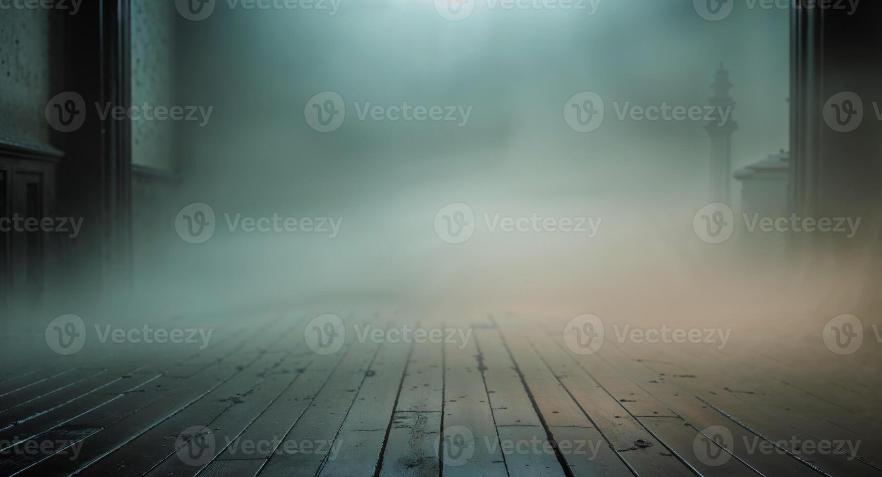 Mist drifts across a wooden floor creating a mysterious atmosphere in a dimly lit space. photo