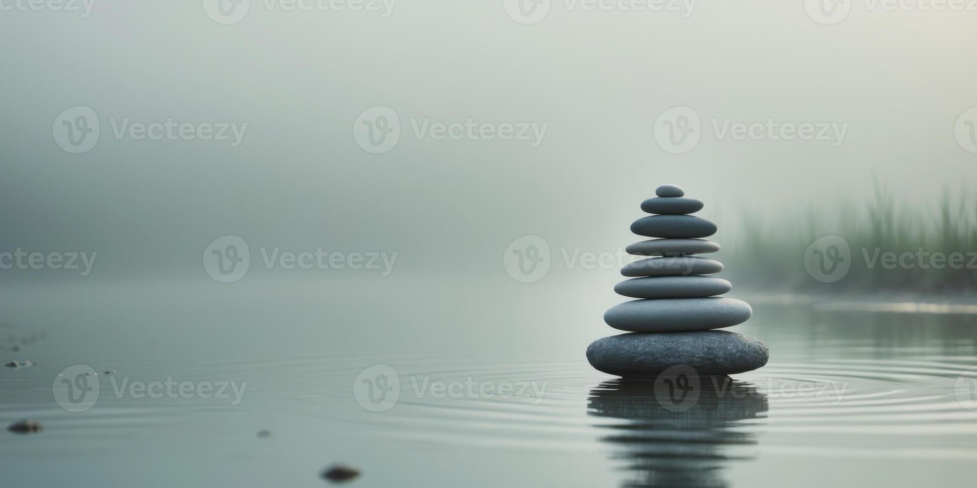 Calm Serenity Stack of Smooth Stones by Tranquil Waters in Soft Misty Landscape Background. photo