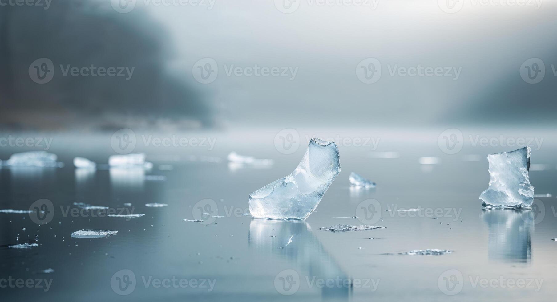 Melting Ice Fragments Floating on Dark Water in Natural Landscape photo
