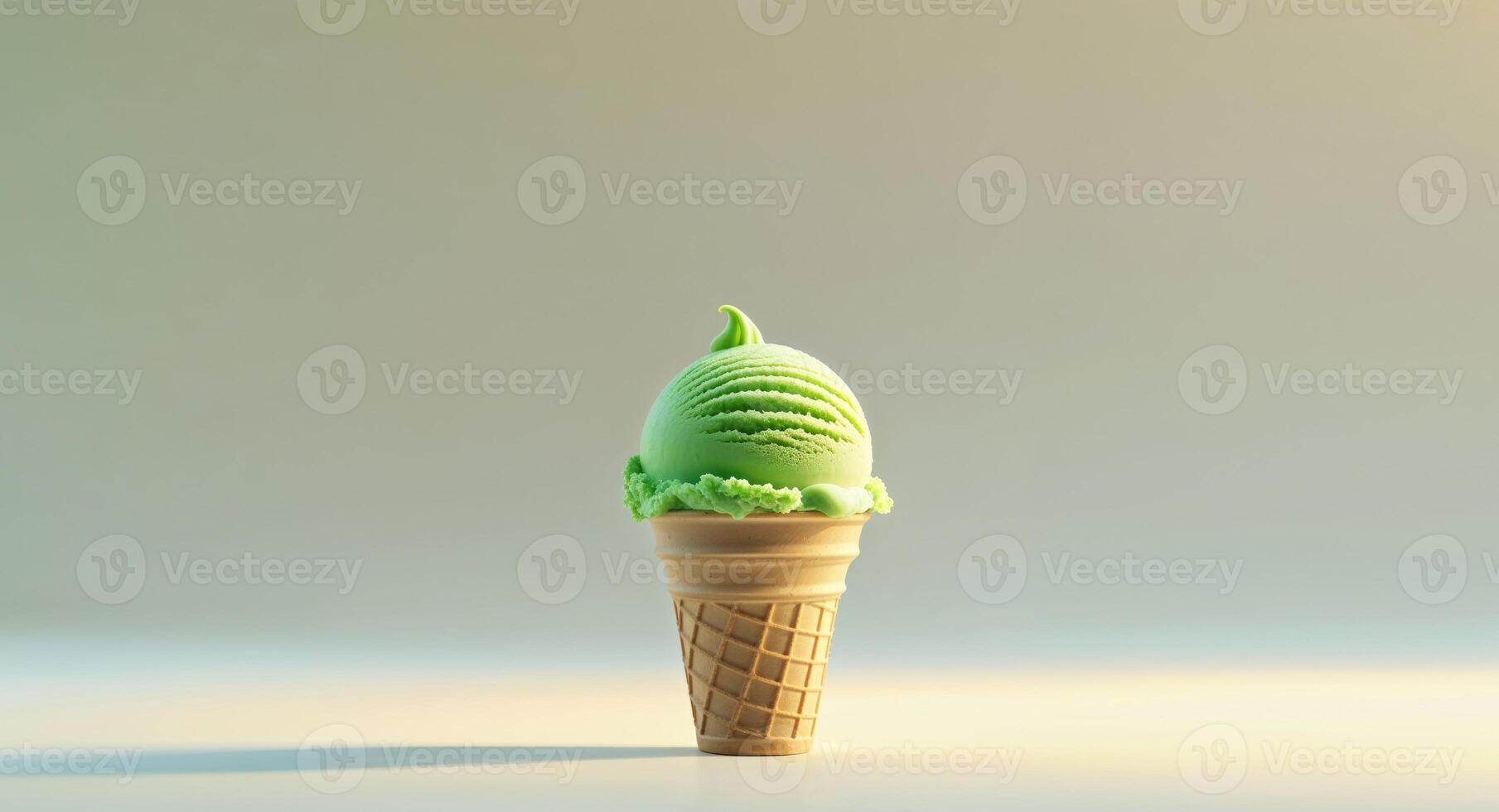 Fresh Green Ice Cream Scoop on a Cream Background Perfect for Sweet Treats and Dessert Decoration. photo