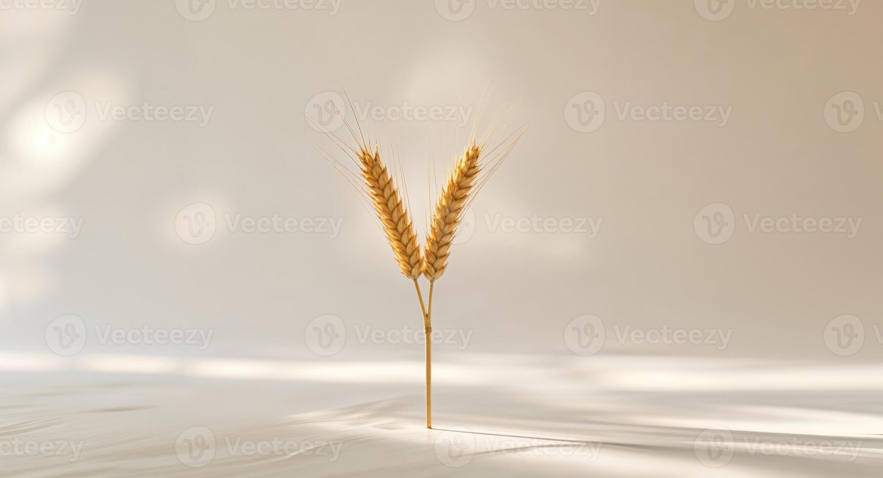 Golden wheat ear on light background with empty copy space representing gluten free lactose free and alcohol free concepts. photo