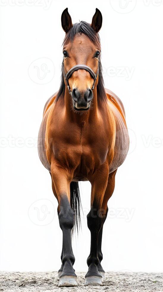 Majestic brown horse stands proudly against a neutral background in a serene setting photo
