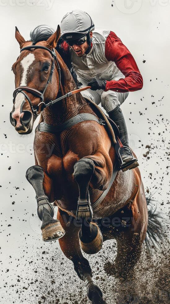 Rider and horse race through muddy terrain during equestrian competition on an overcast day photo