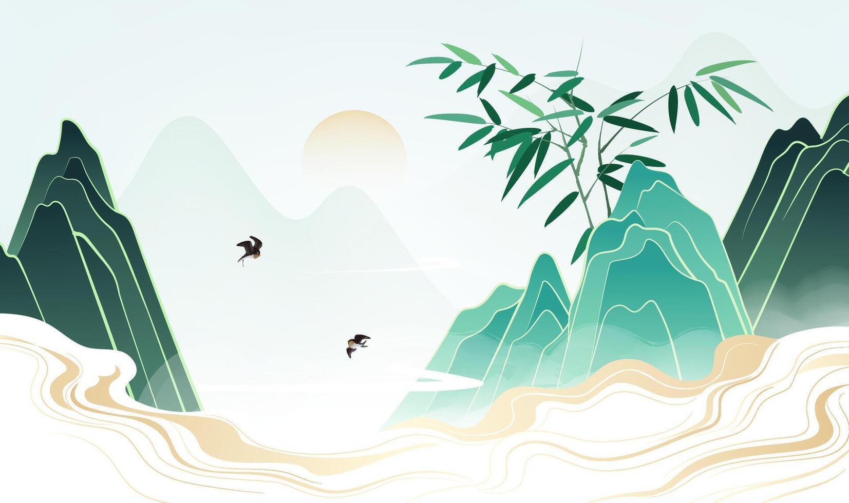 Chinese style banner illustration design There is a bamboo on the mountain surrounded by clouds vector