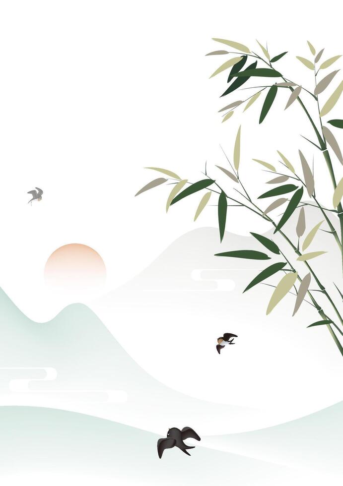 Chinese style poster illustration design bamboo and landscape sun and swallows vector