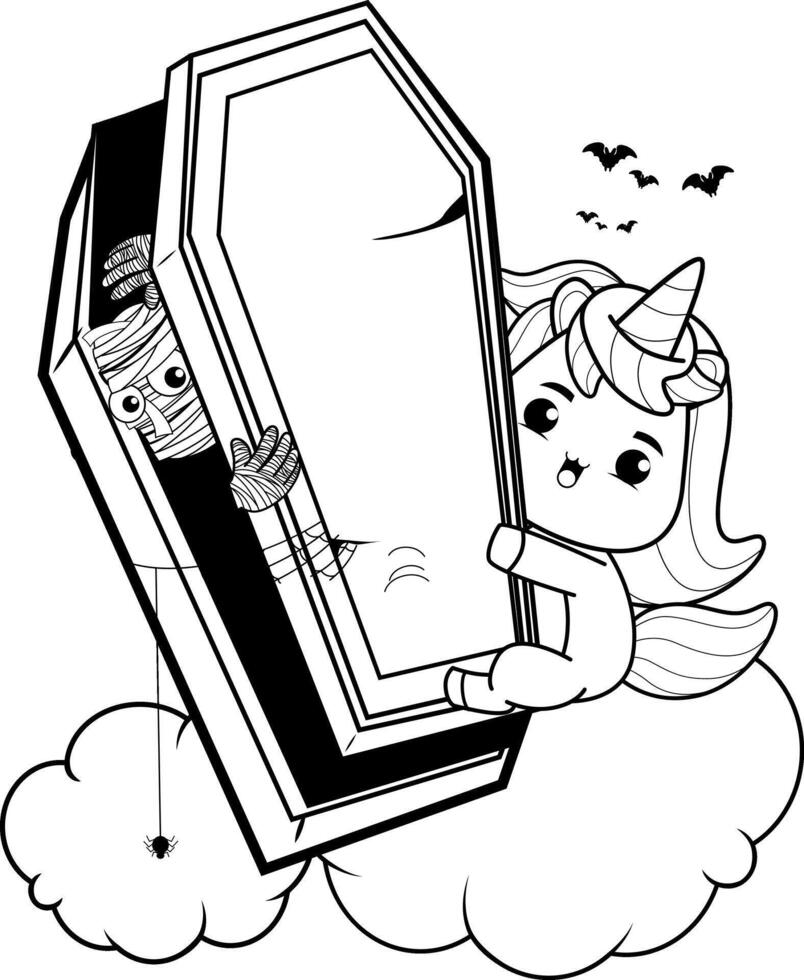 A cartoon unicorn in a coffin with a ghost vector