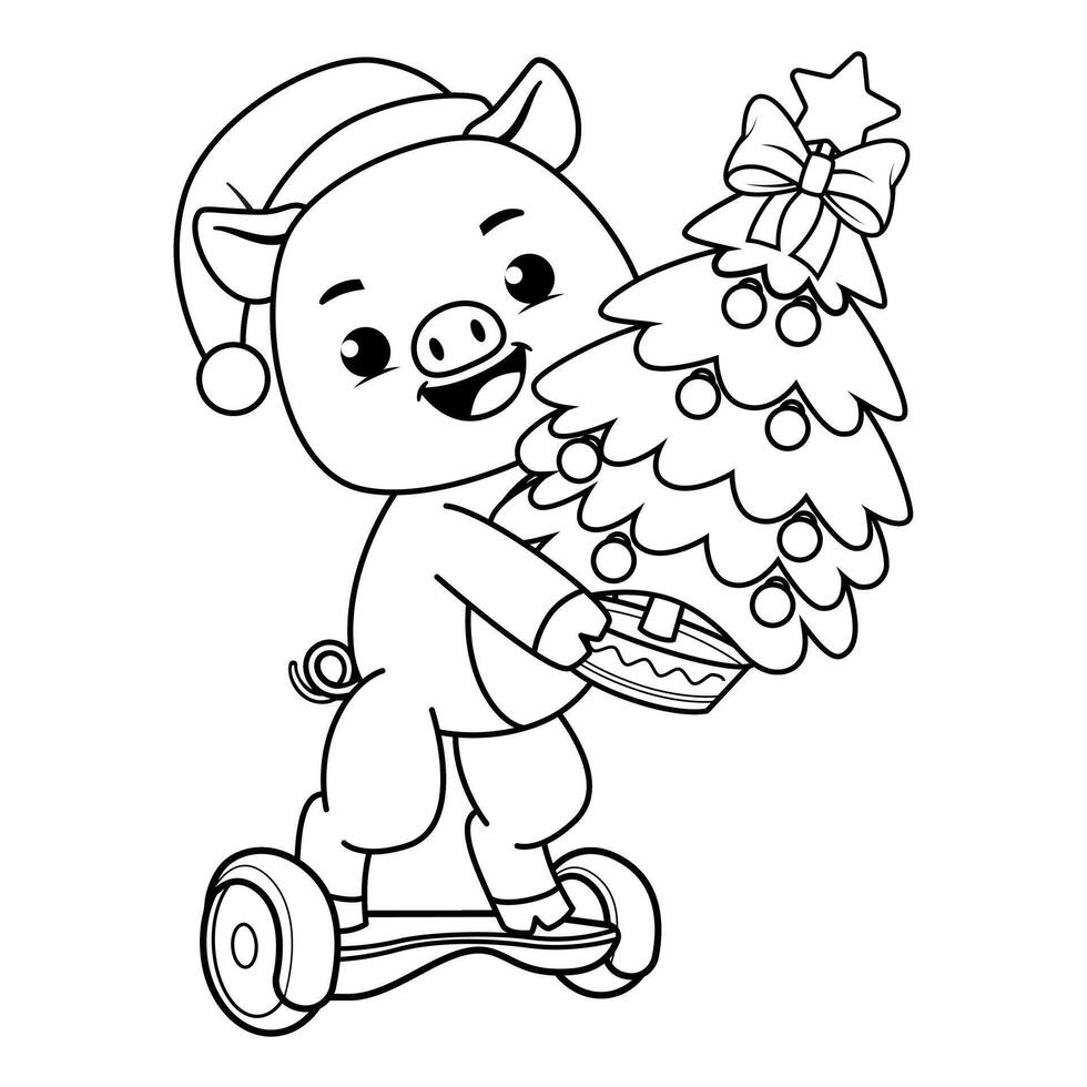 A pig riding a scooter with a christmas tree coloring page vector