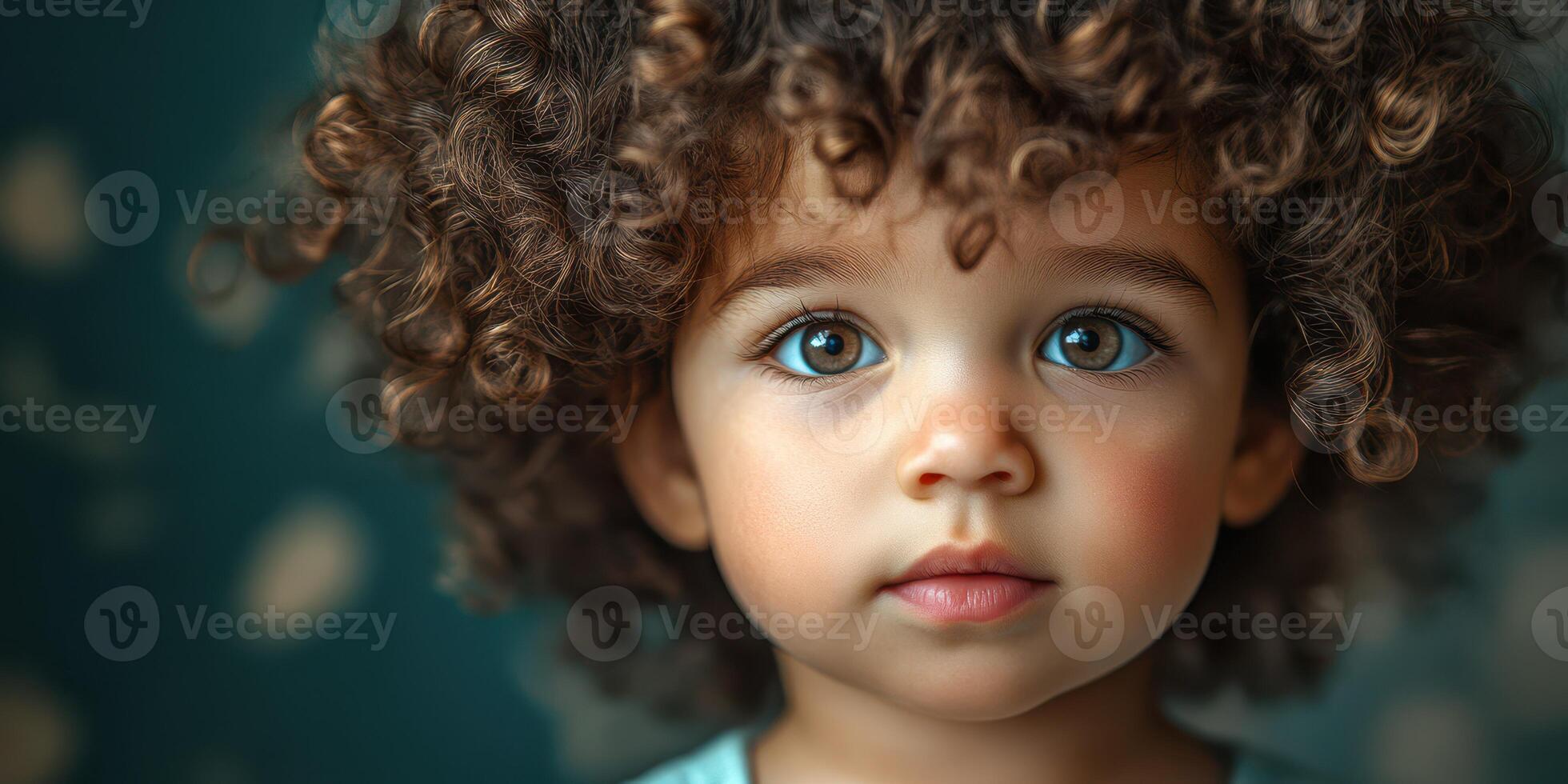 Child with curly hair and striking blue eyes gazes thoughtfully at the camera in a cozy indoor setting photo