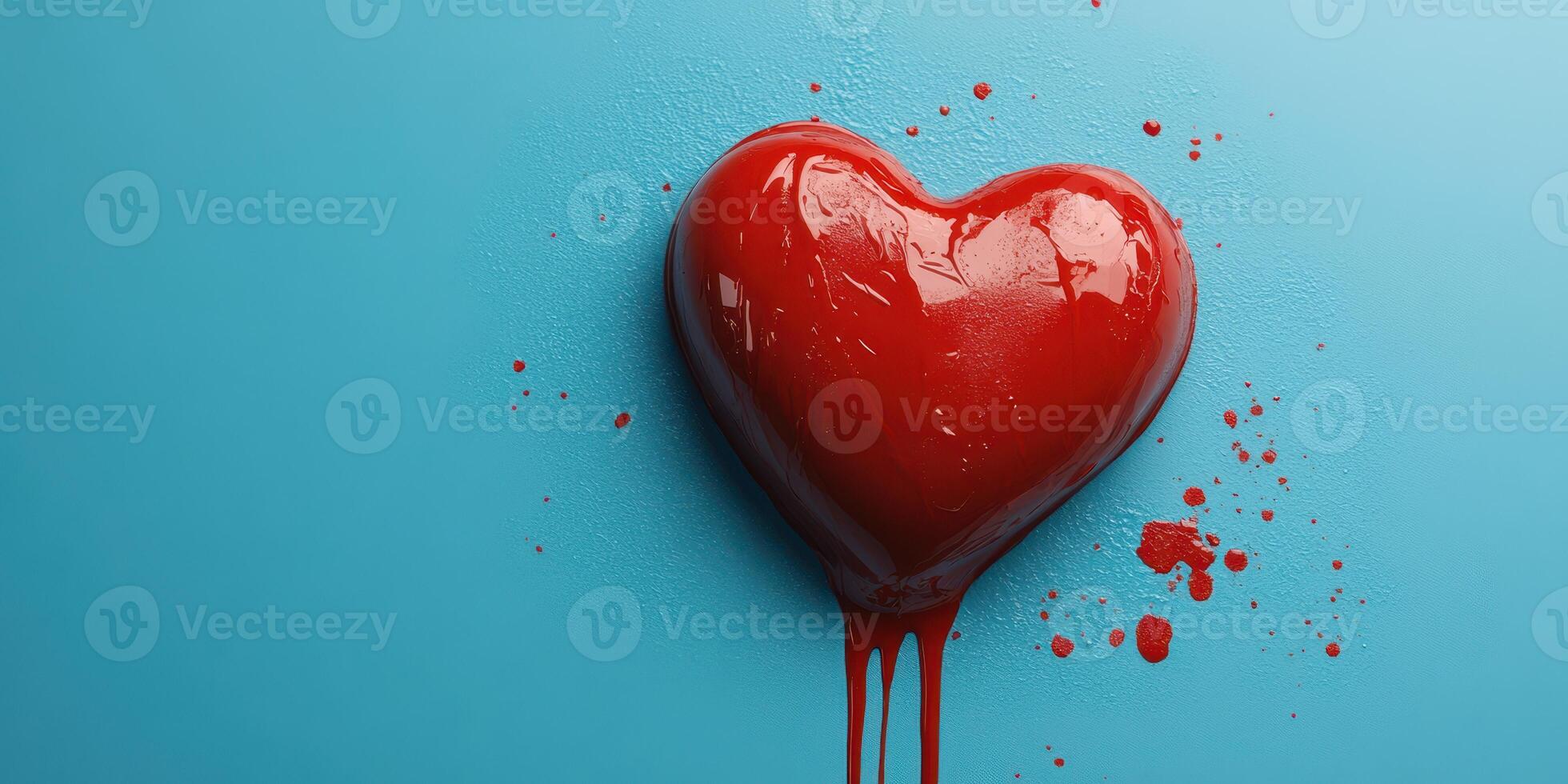 Red heart with dripping paint on a blue background creates a striking visual contrast evoking emotion and creativity photo