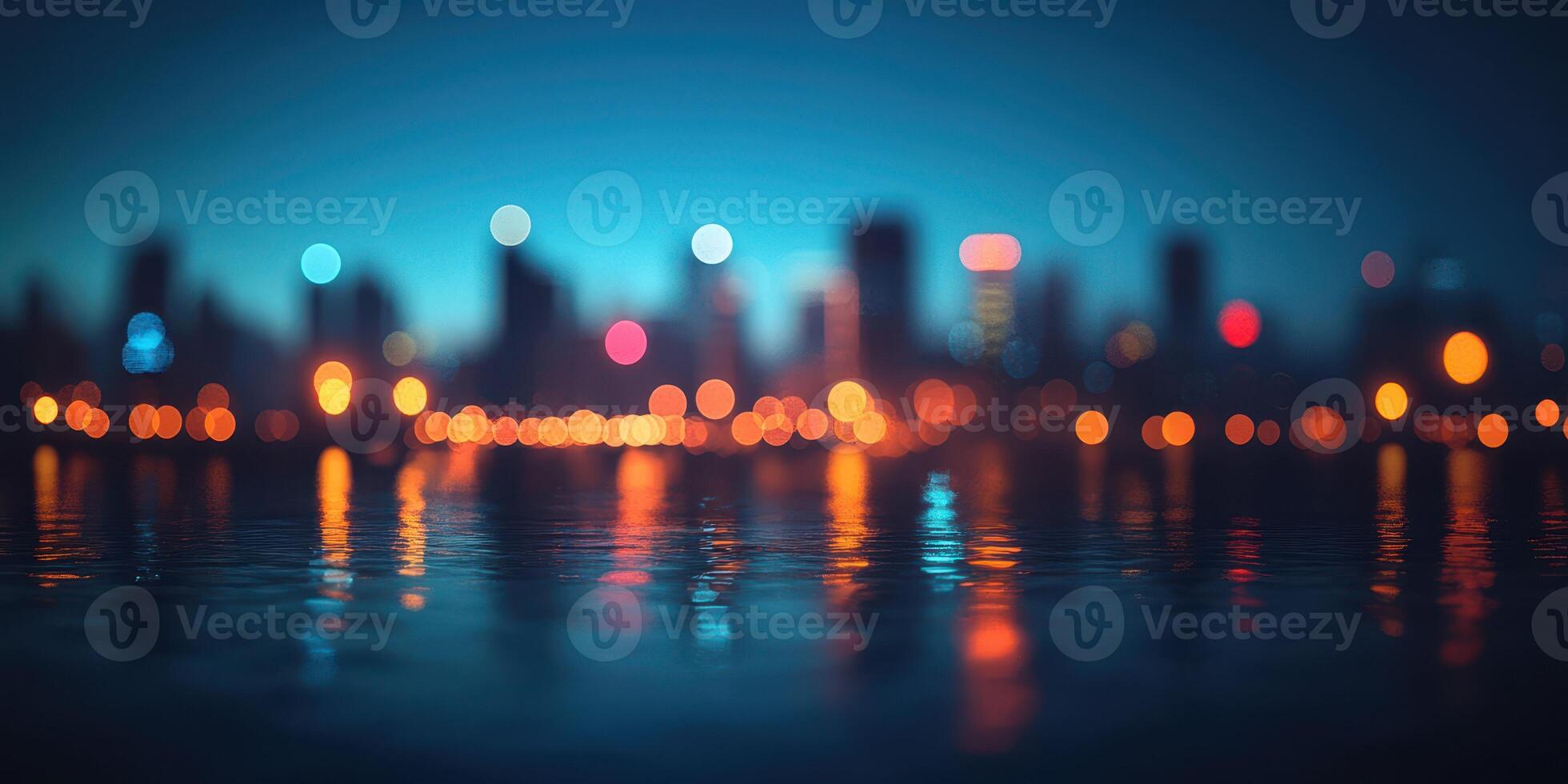 City skyline illuminated by colorful lights reflecting on water during twilight hours photo