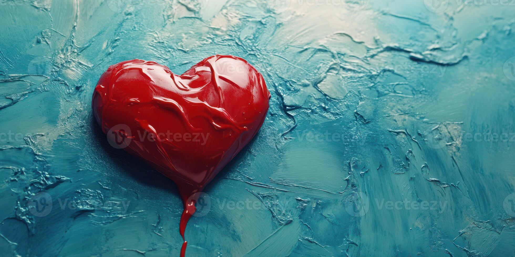Red heart painting on textured blue canvas, showcasing vibrant colors and emotional expression in artistic form photo