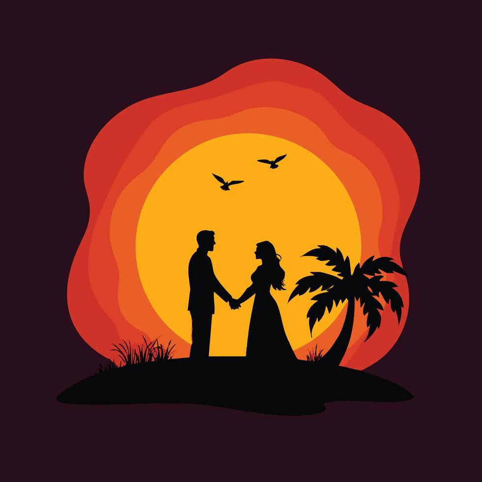 A silhouette of a couple holding hands beside palm tree at sunset silhouette illustration vector
