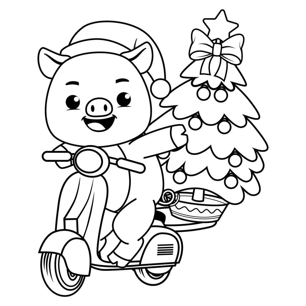A pig riding a scooter with a christmas tree coloring page vector