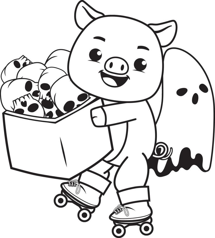 Pig on roller skates with a box of skulls vector