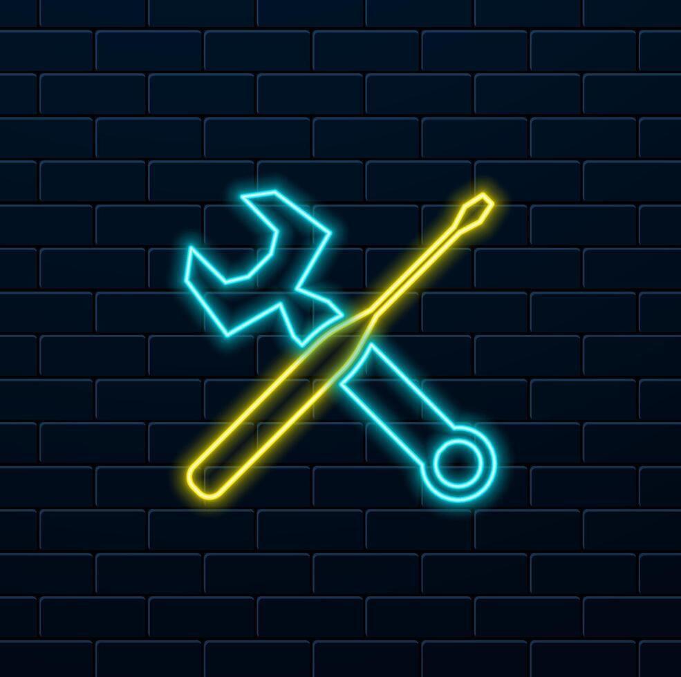 Screwdriver and screwdriver icon in flat style. neon style. Spanner key illustration on white isolated background. Repair equipment business concept. vector