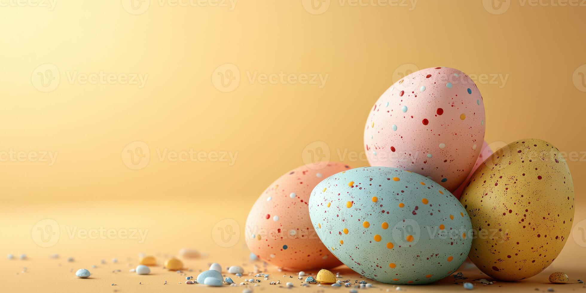 Colorful speckled eggs arranged on a vibrant yellow background for spring celebrations photo