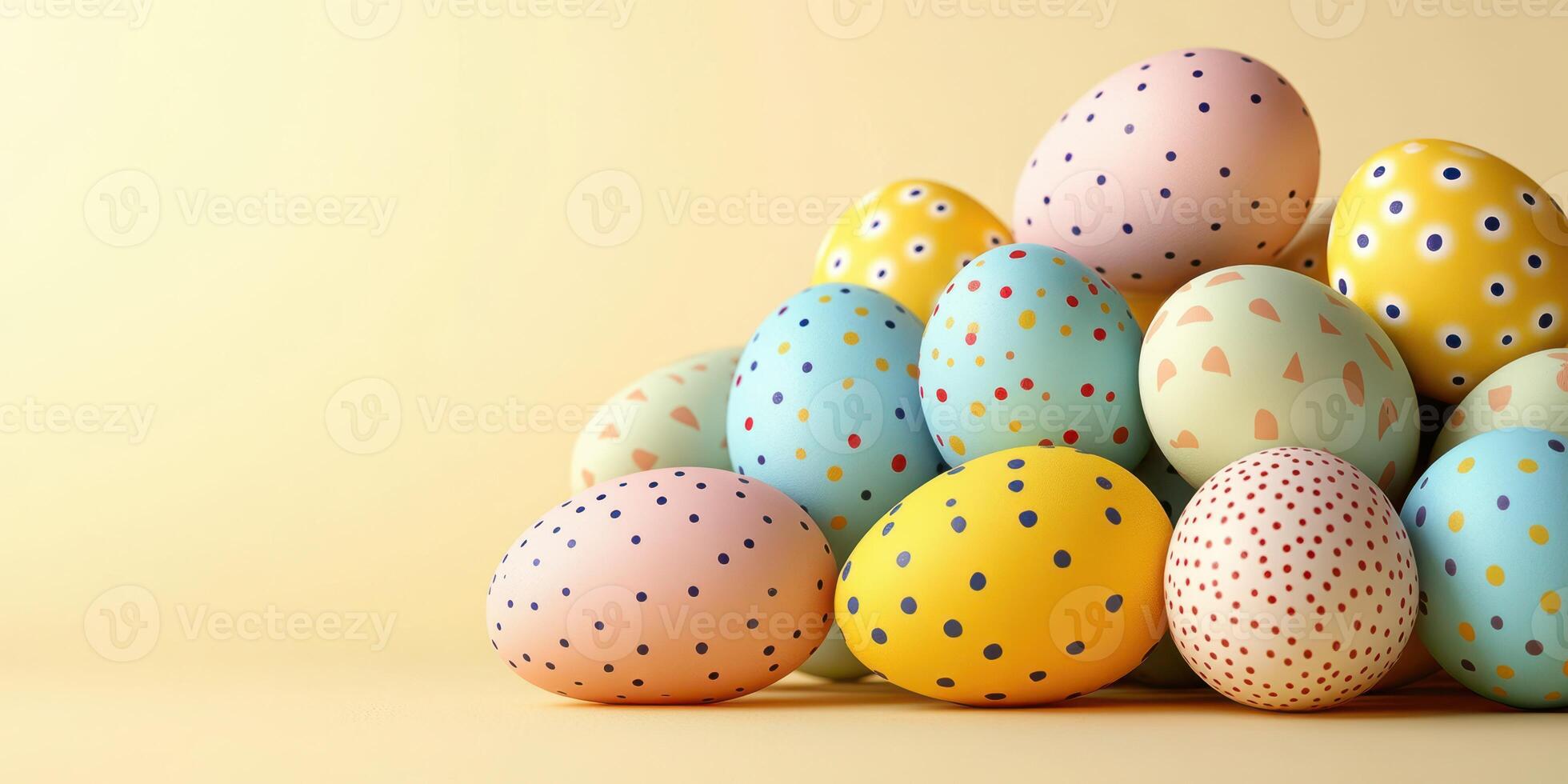 Colorful decorated eggs arranged in a creative pile against a soft yellow background photo