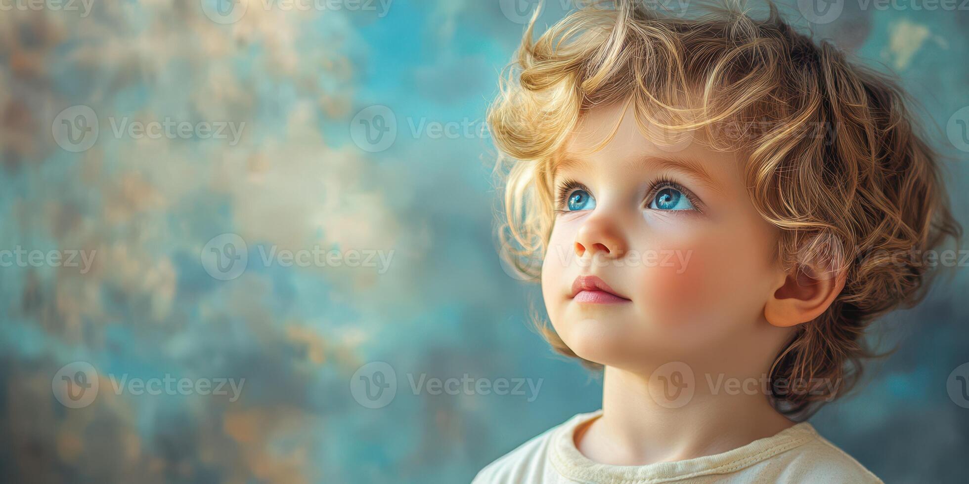 Child with curly hair gazes thoughtfully upward in a soft, colorful background photo