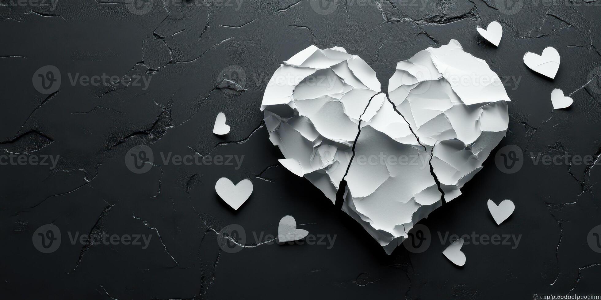 Broken heart made of crumpled white paper on dark textured surface with small paper hearts scattered around photo