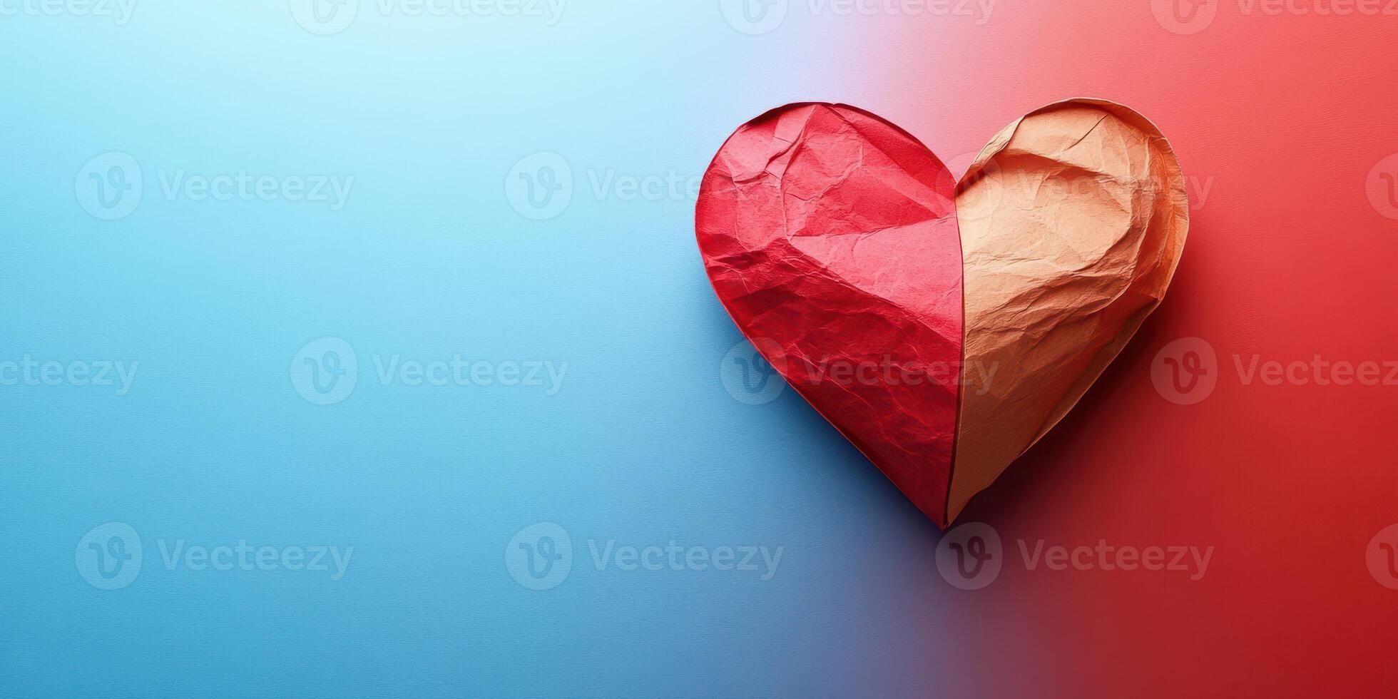 Heart made of red and tan paper on a blue and red background highlighting creativity and love photo