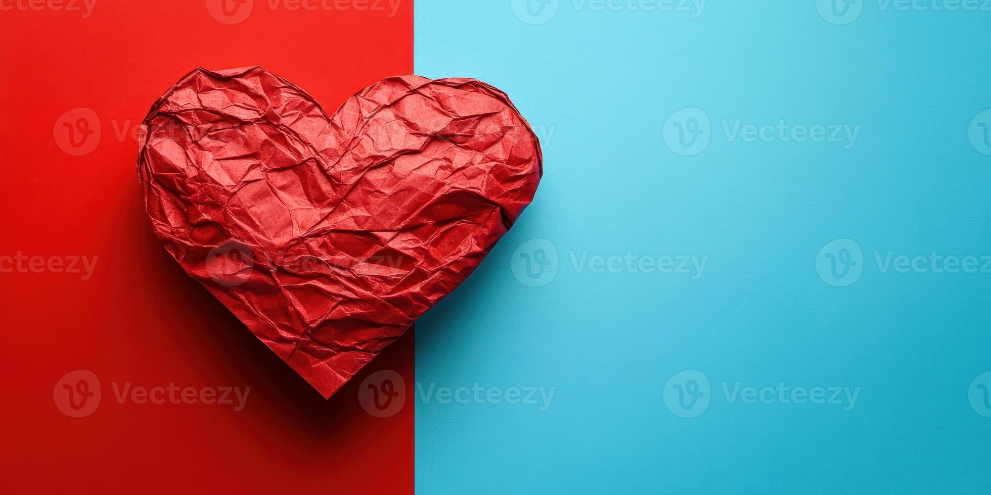 Crumpled red heart shape on a divided blue and red background representing love and emotions photo