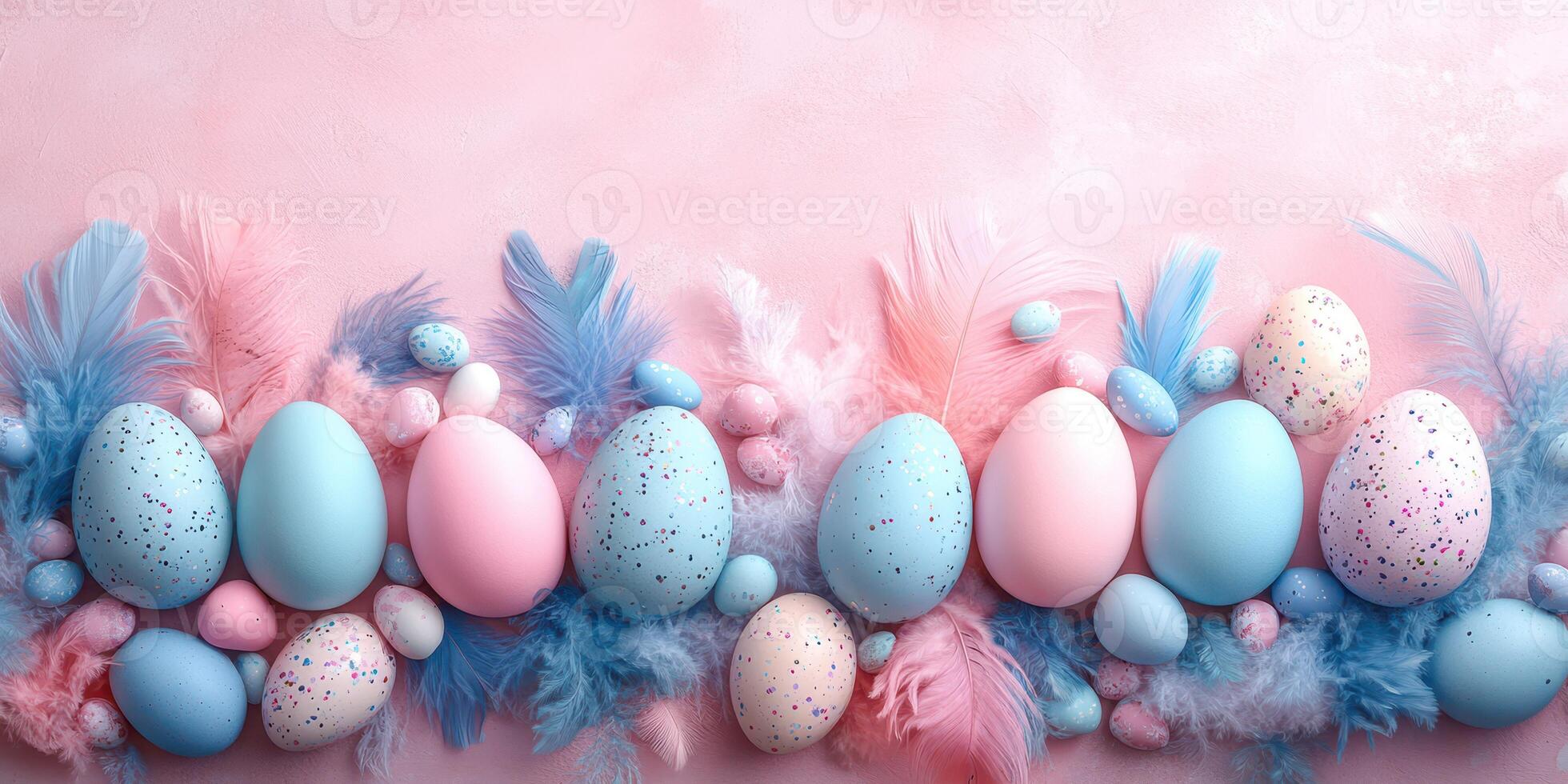 Colorful Easter eggs arranged with pastel feathers on a soft pink background for festive decoration and celebration photo
