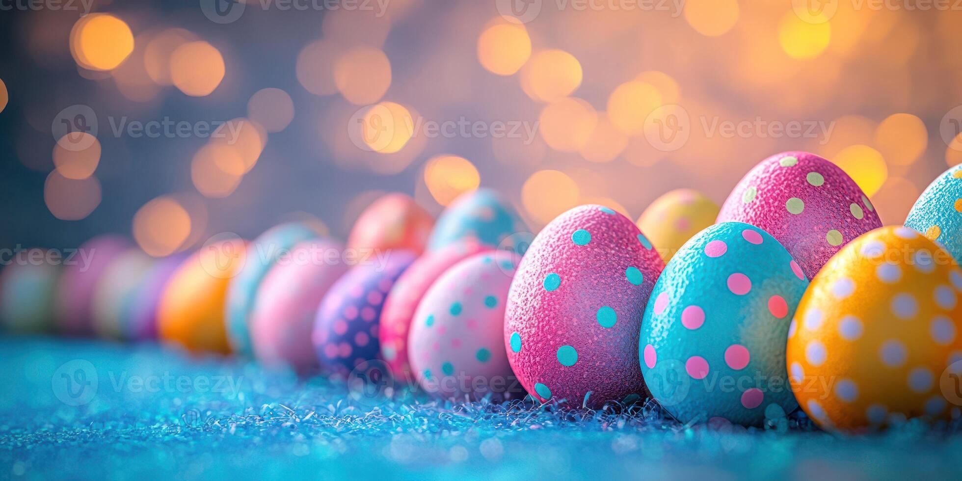 Colorful decorated Easter eggs arranged on a vibrant background with soft bokeh lighting effect during spring festivities photo
