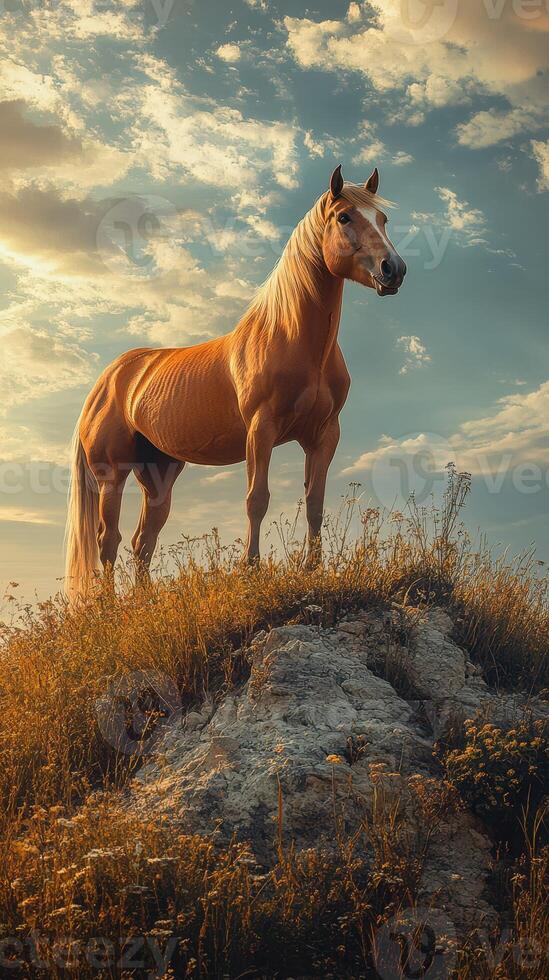 Majestic horse standing on a rocky hill during sunset with golden hues in the sky photo