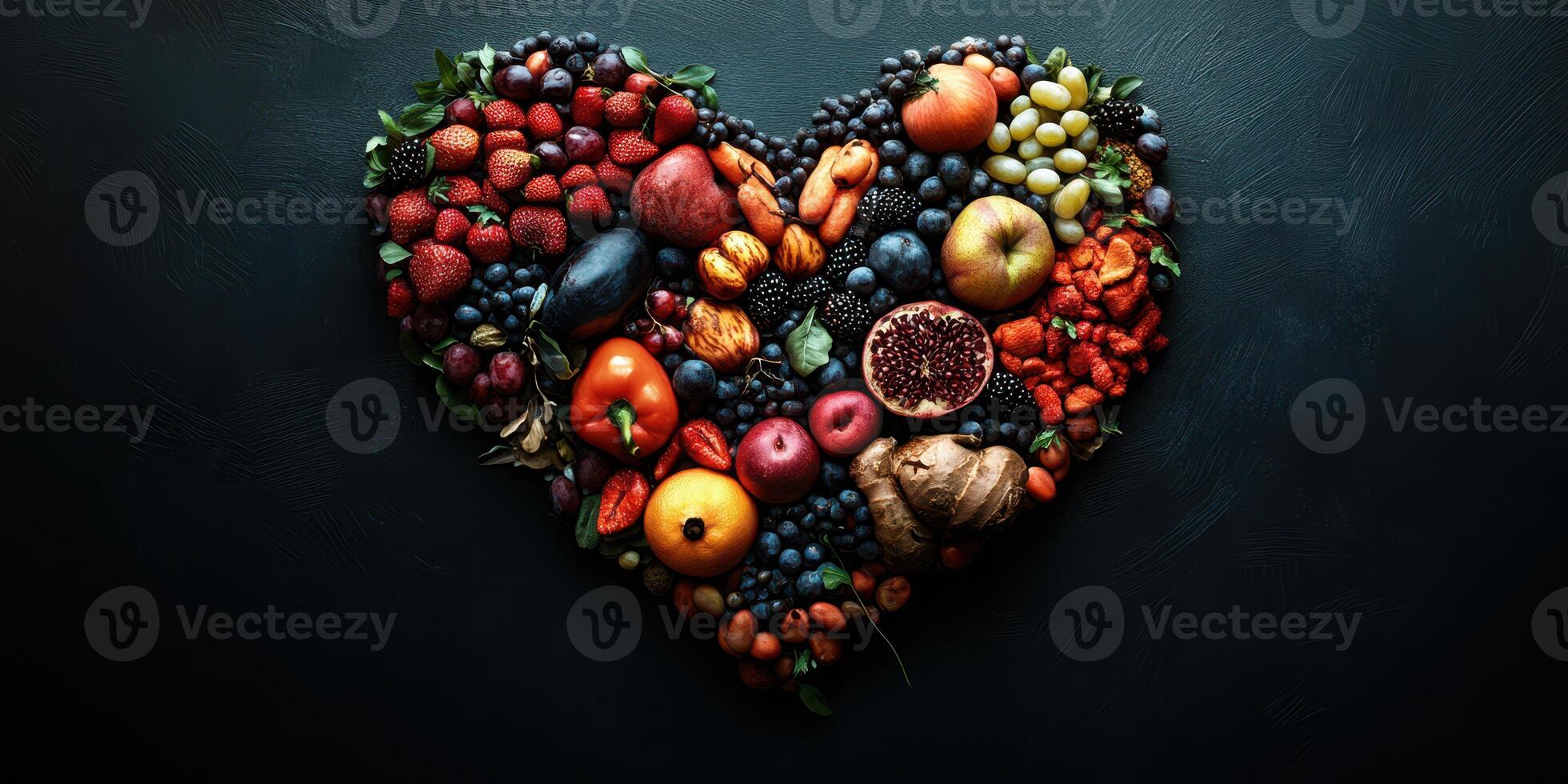 Heart-shaped arrangement of colorful fruits and vegetables on a dark surface creates a visual feast for health enthusiasts photo