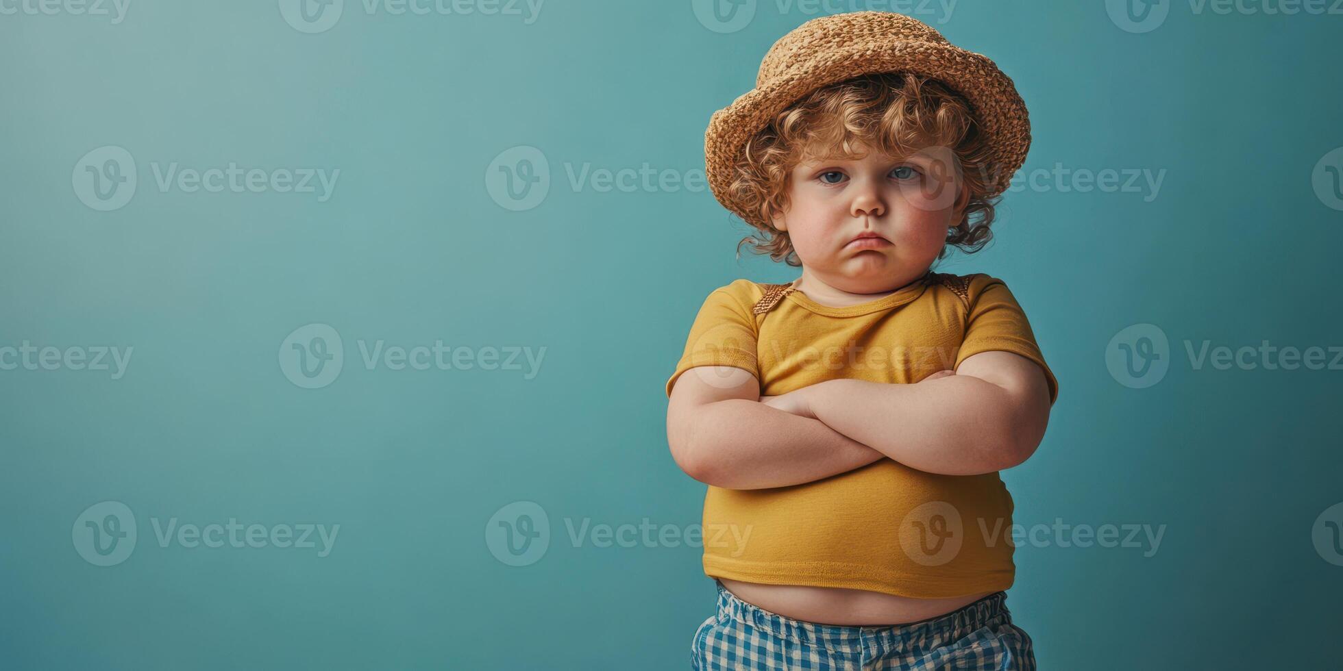 Child with curly hair in yellow shirt and straw hat showing displeasure against a blue background during summer photo