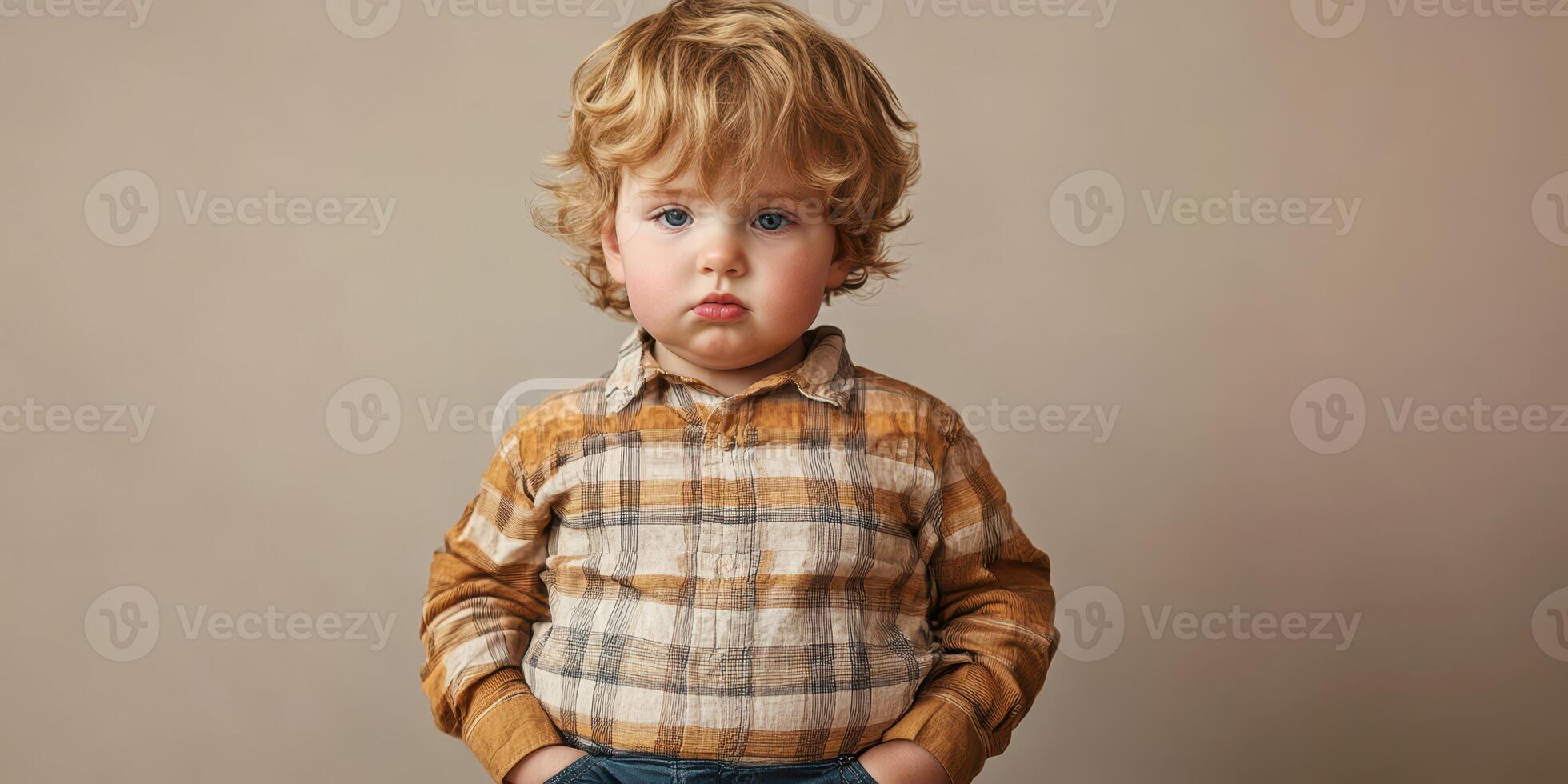 Child poses confidently with a serious expression in a cozy indoor setting during daytime photo