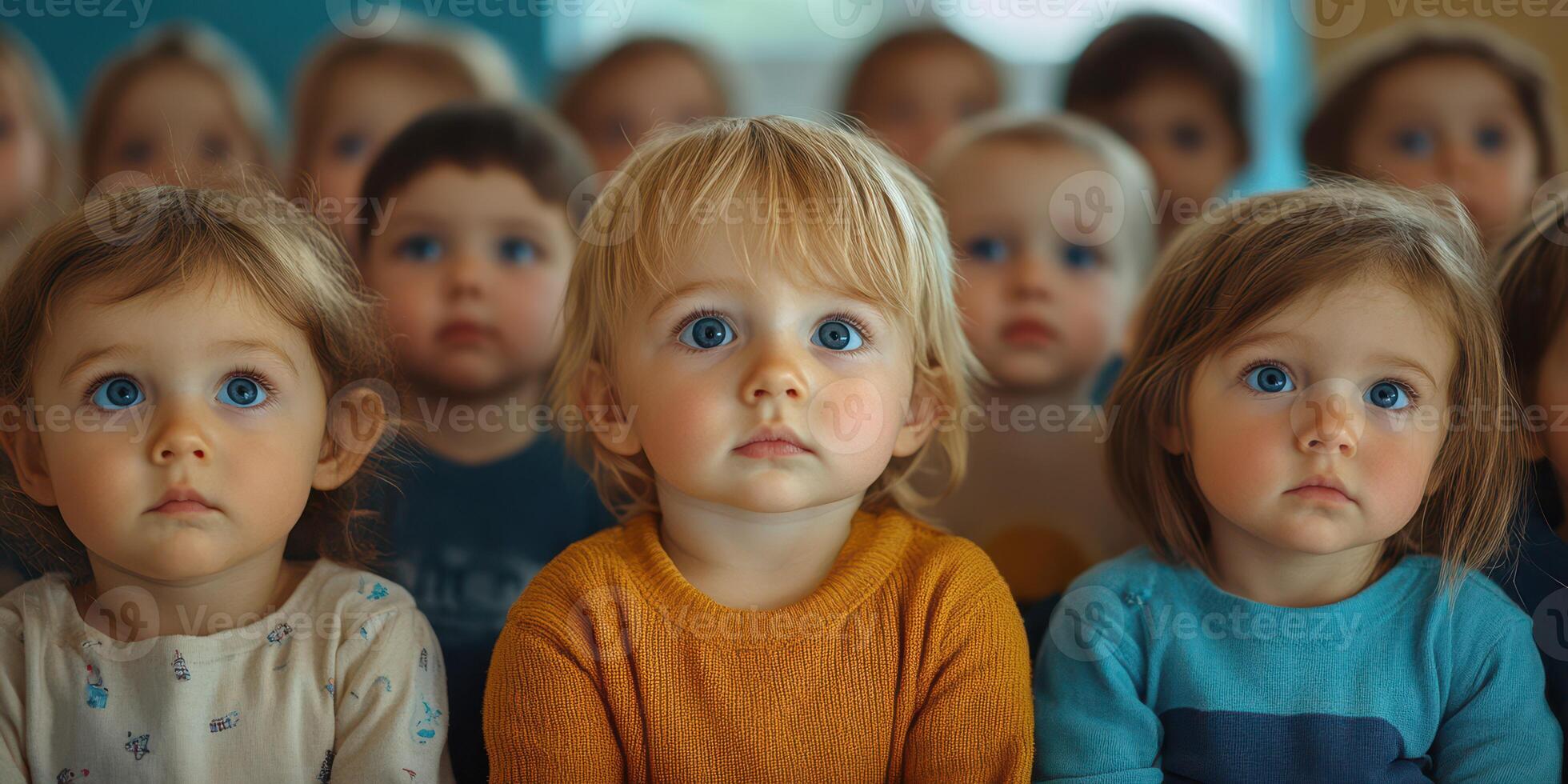 Children with striking blue eyes attentively observing in a colorful classroom setting photo