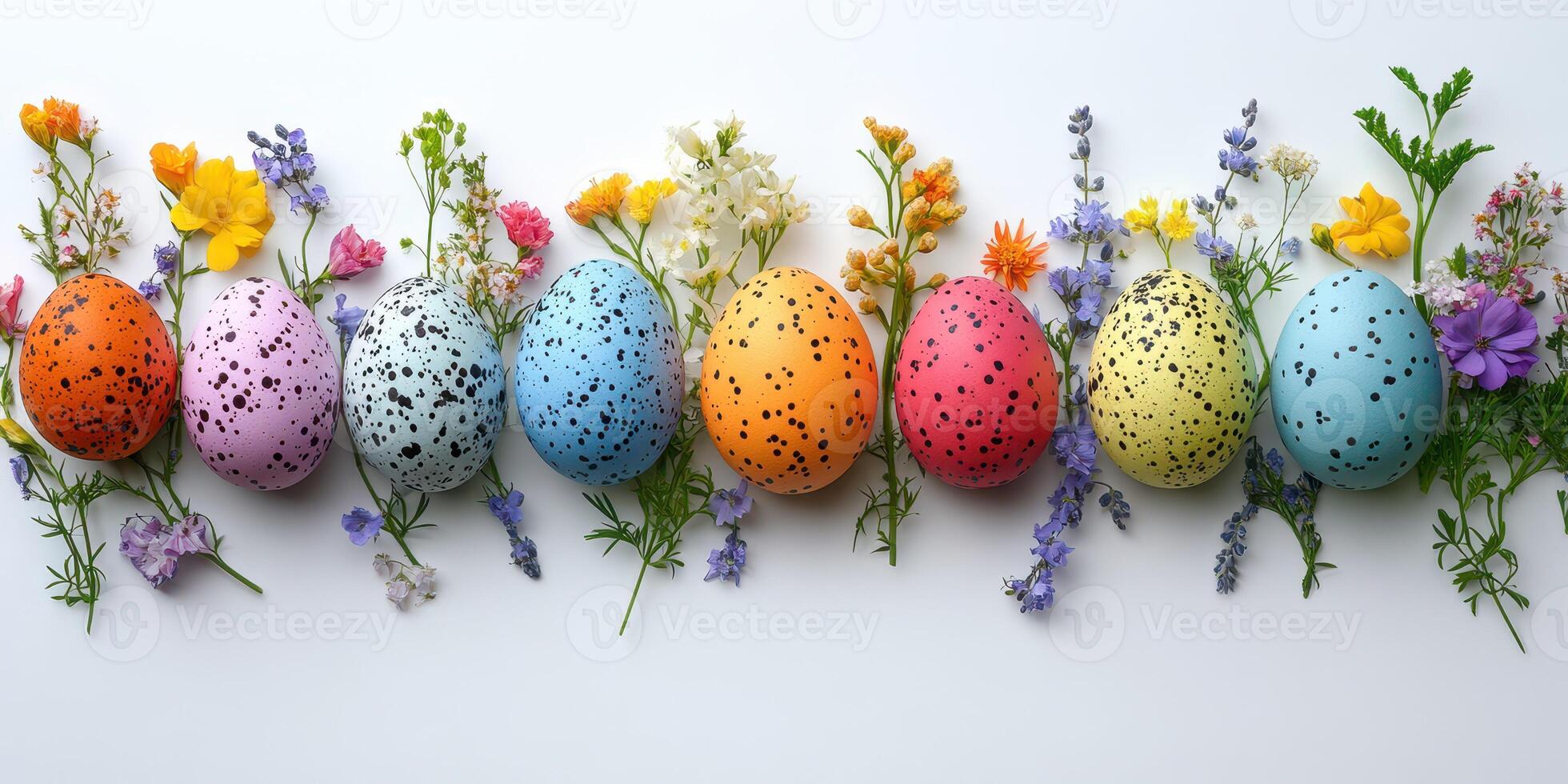 Colorful speckled Easter eggs arranged with vibrant spring flowers on bright background photo