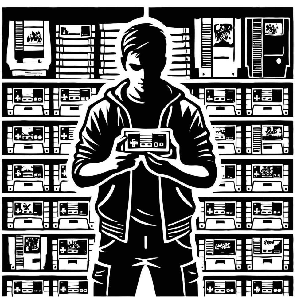 A man holding a game controller in front of a wall of game consoles vector