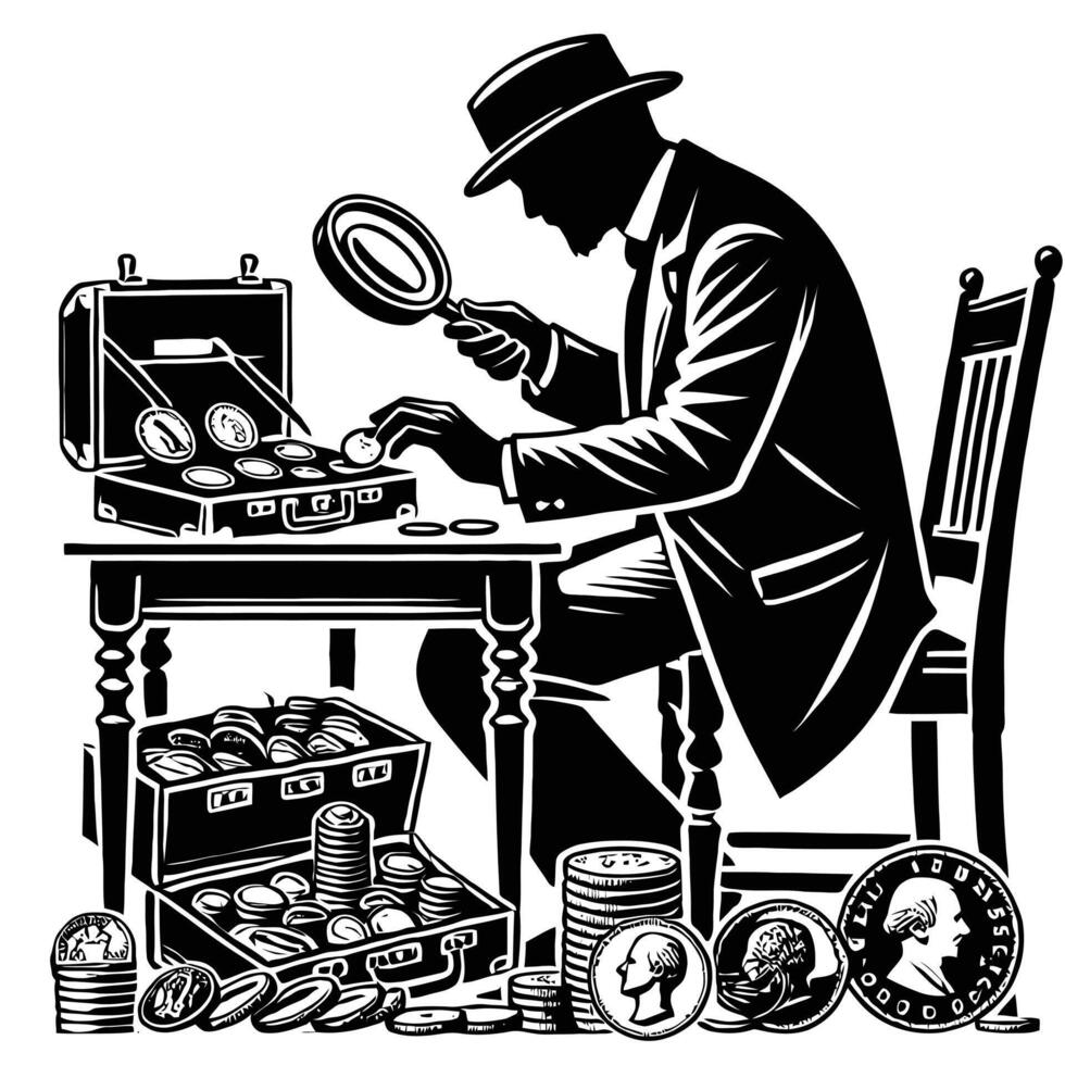A man in a suit is looking at a desk with coins vector
