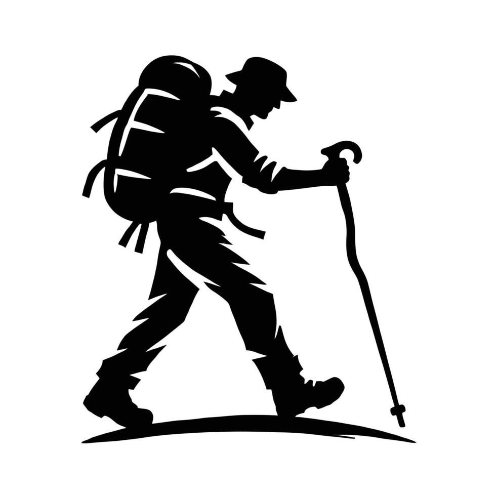 A silhouette of a man with a backpack and poles vector