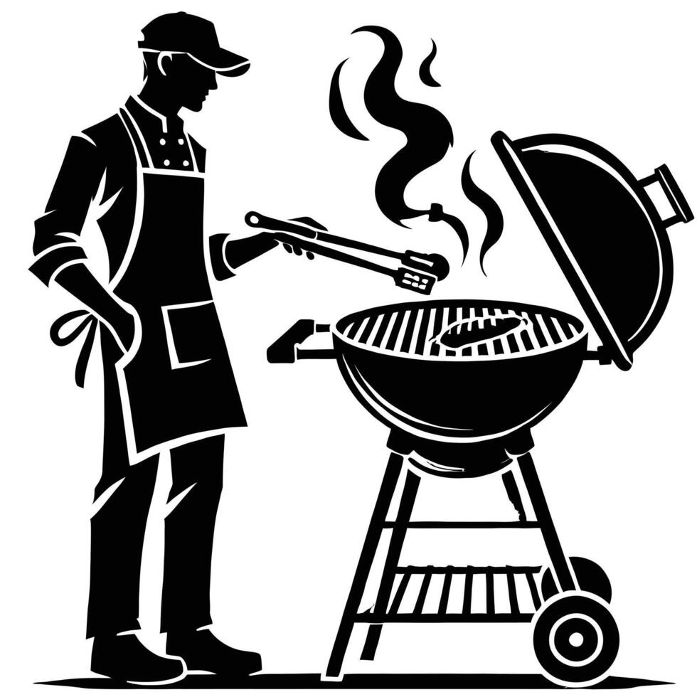 A man is cooking on a barbecue grill vector
