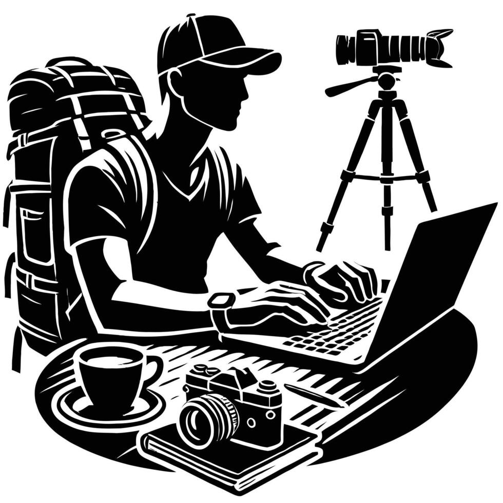 A man with a backpack and laptop is working on his computer vector