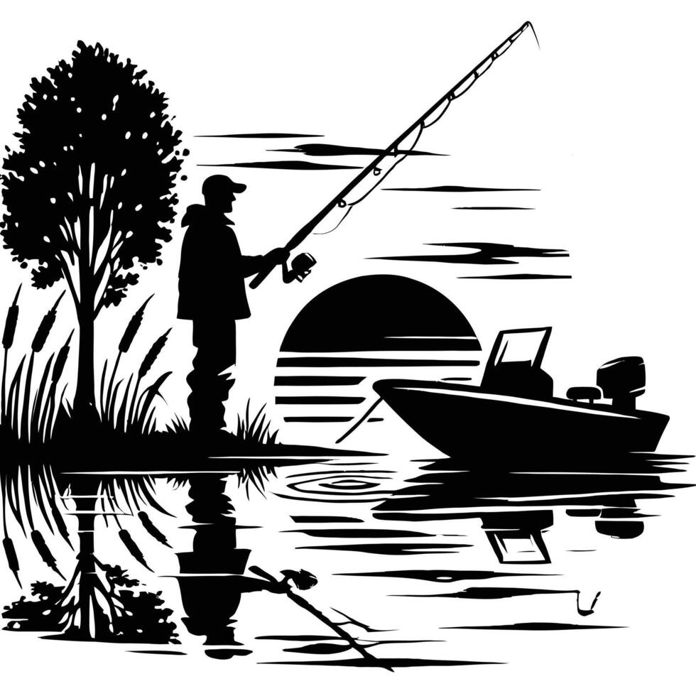 Silhouette of a man fishing on a lake vector