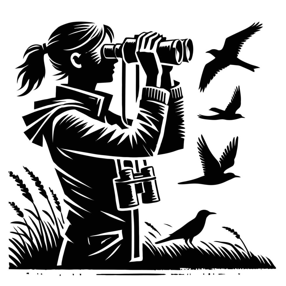 Woman with binoculars and birds vector