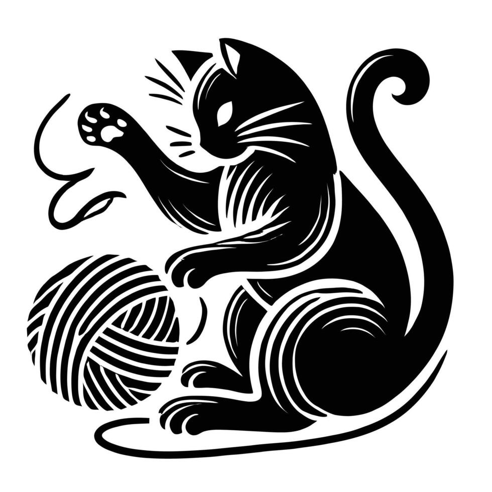 A black and white cat playing with a ball of yarn vector