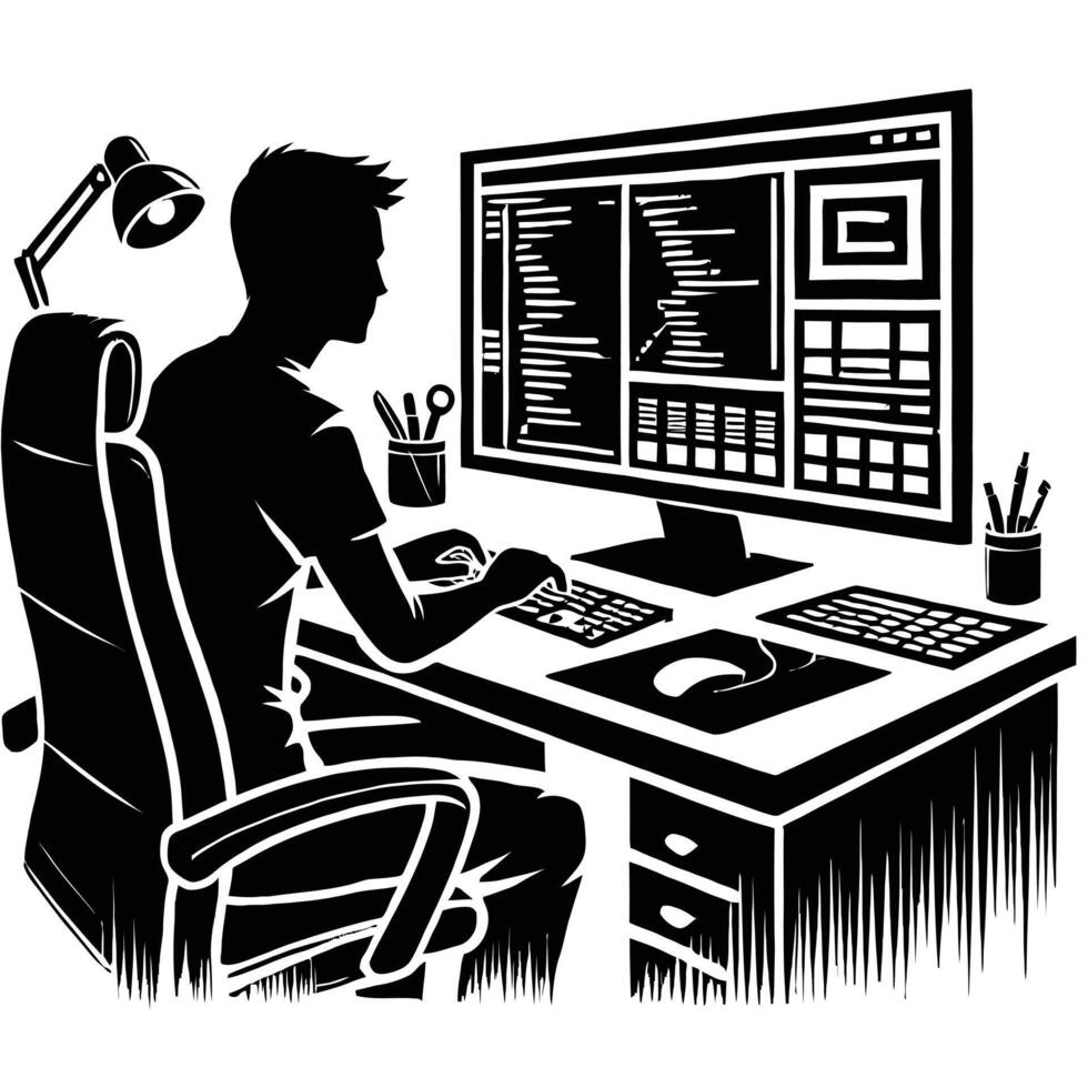 A silhouette of a man sitting at a desk with a computer vector