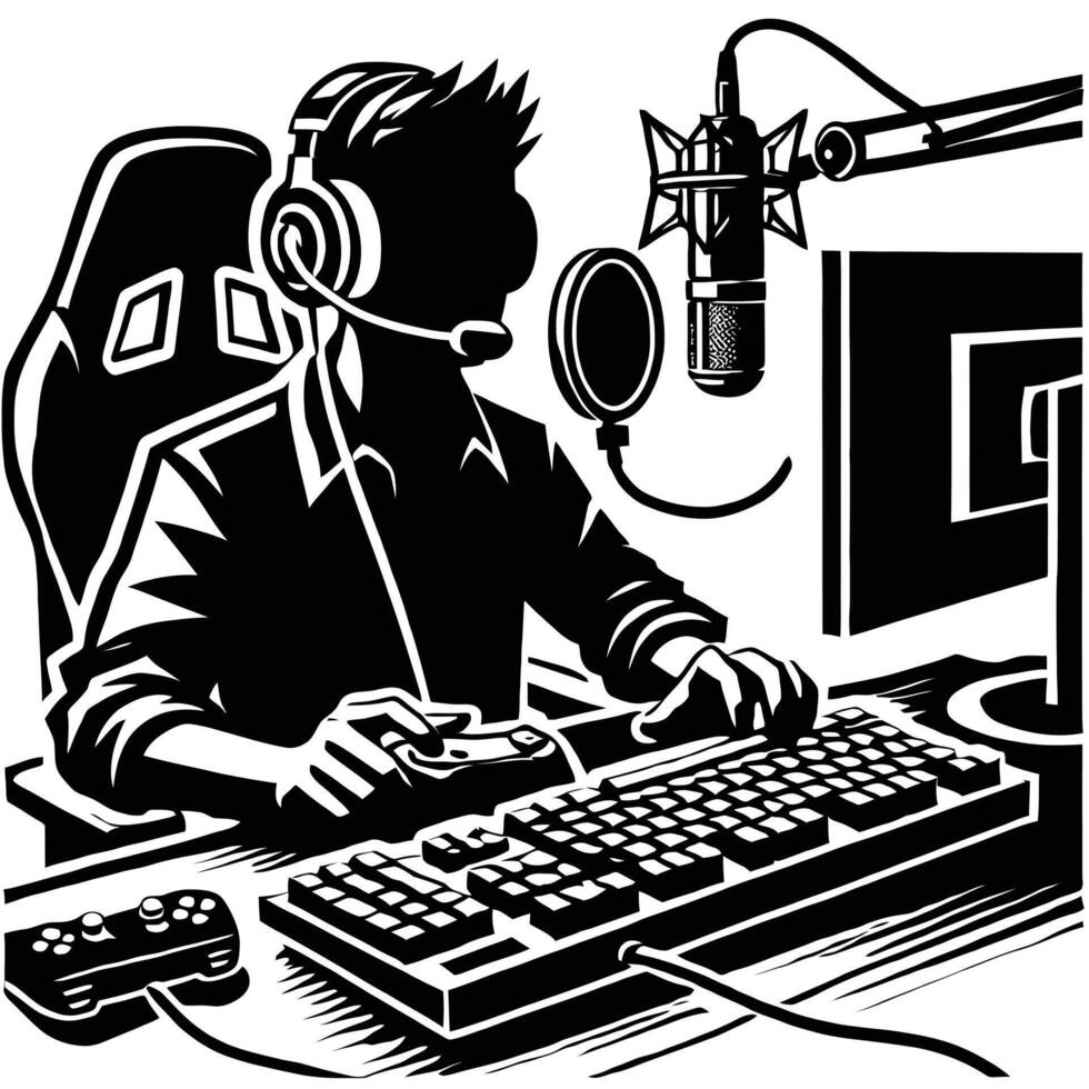 A man in headphones is sitting at a computer with a microphone vector