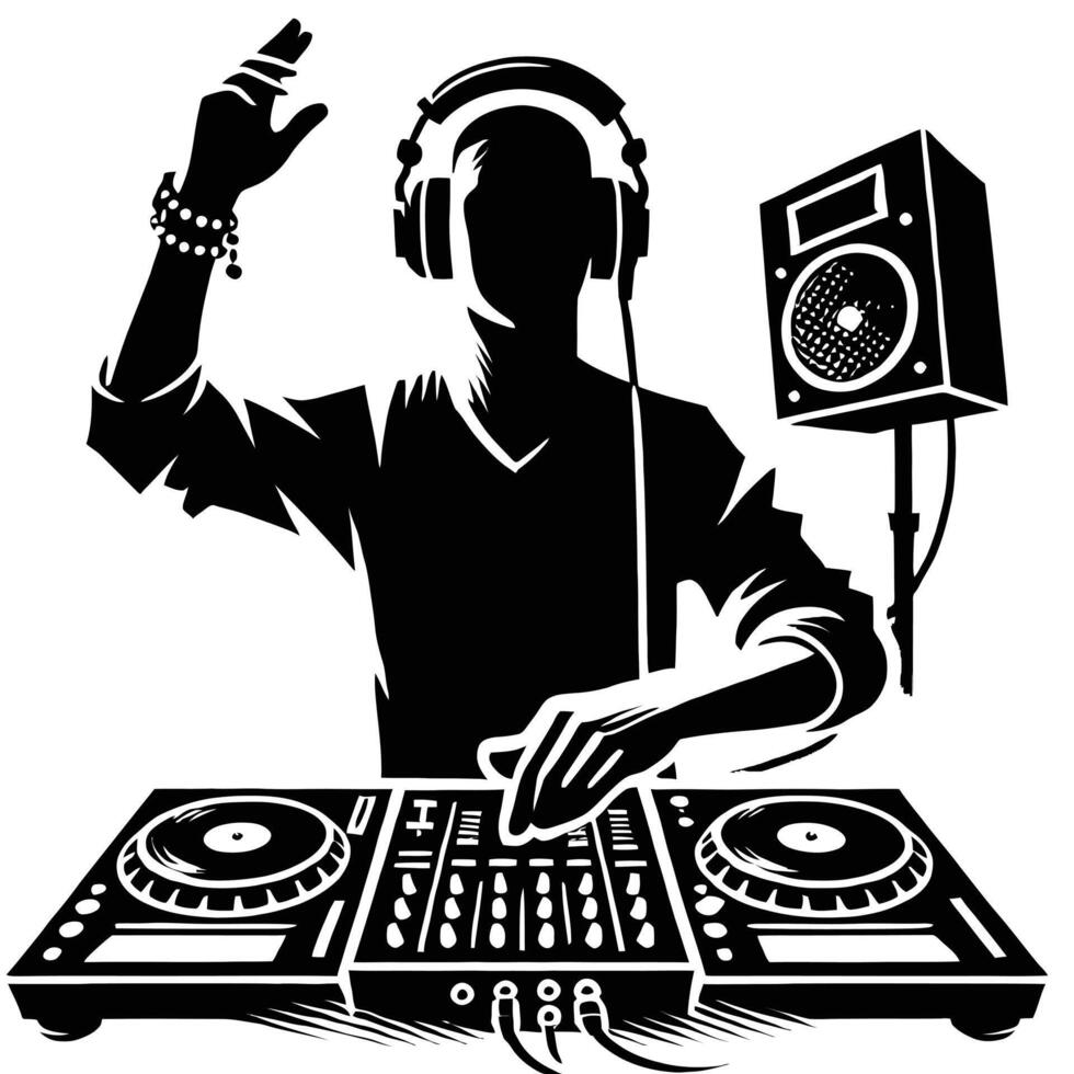 Dj with headphones and turntables vector