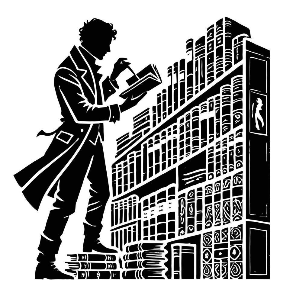 A man in a trench coat is standing in front of a library vector