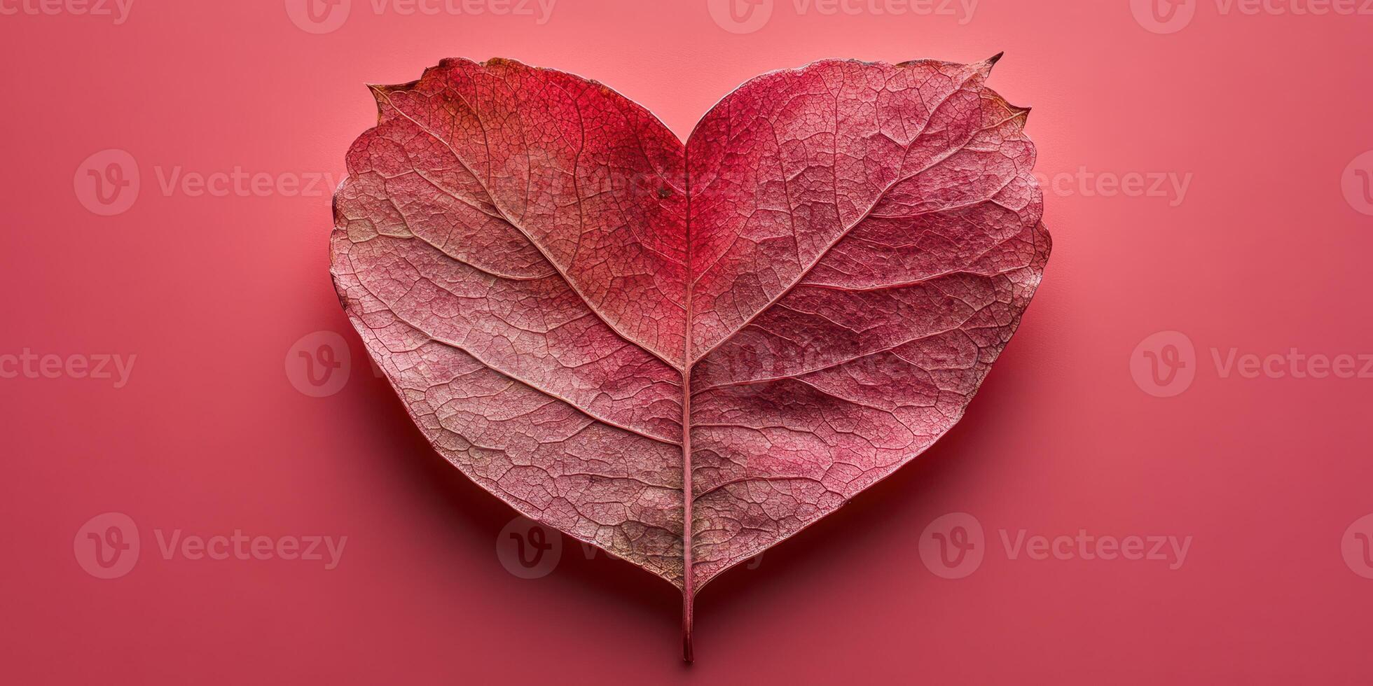 Heart-shaped leaf resting on a textured red surface in artistic arrangement photo
