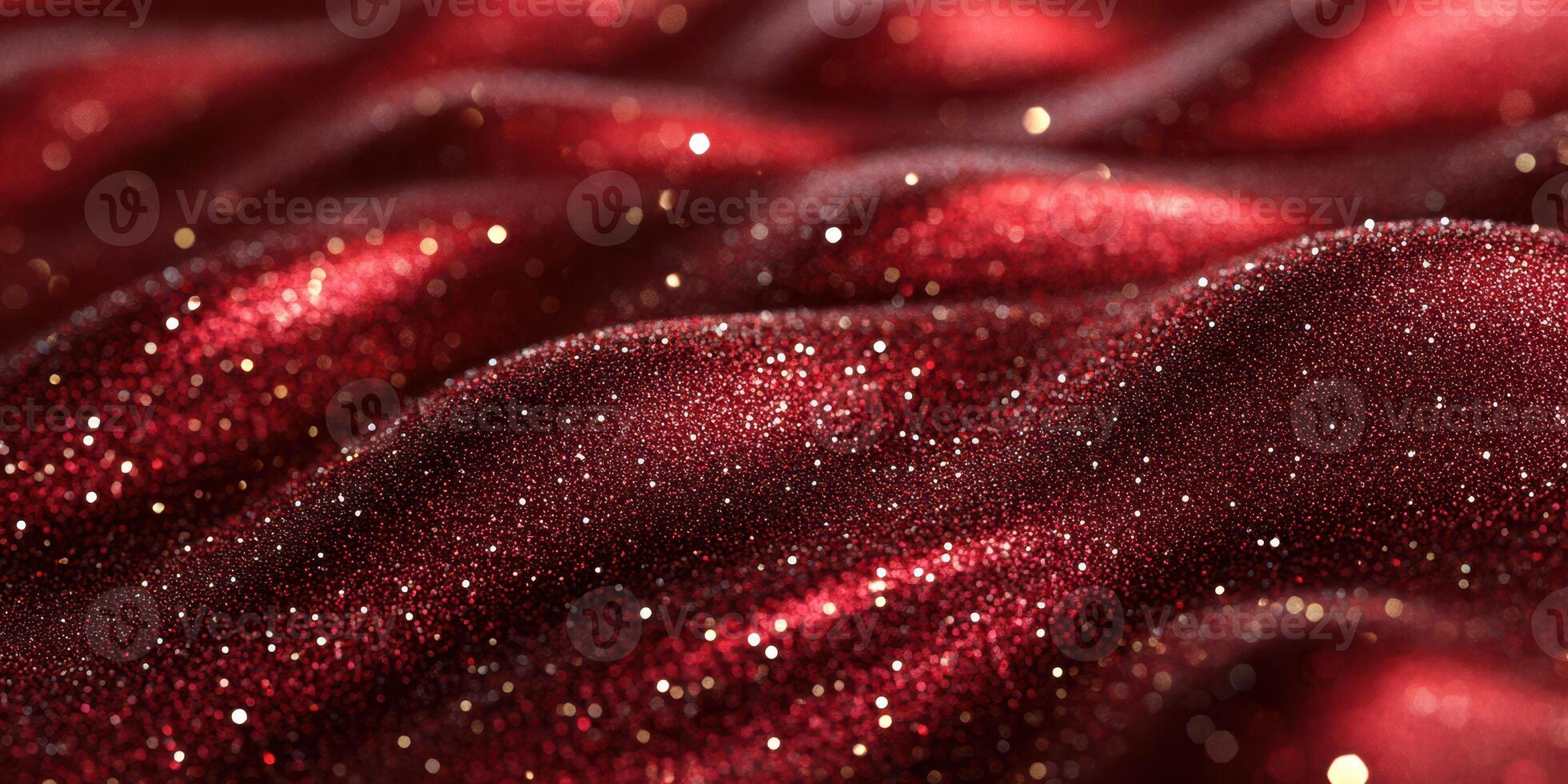 Shimmering red fabric waves adorned with glimmering particles under soft light in a warm atmosphere photo
